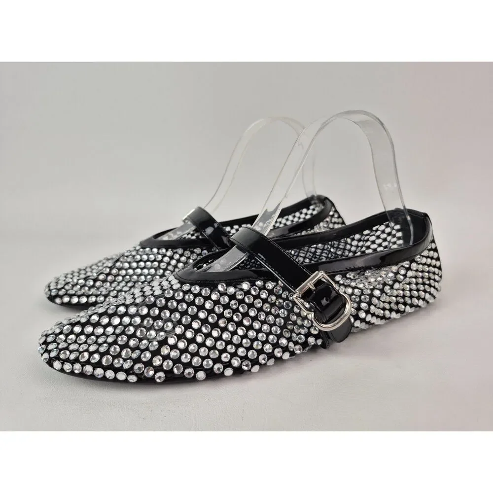 Alaïa Womens Black Crystal Embellished Mesh Patent Ballerina Flats Size 42 Alaia